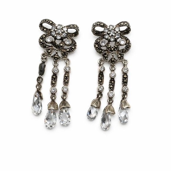 S925 Marcasite & Swarovski Crystal Bow Dangle Earrings